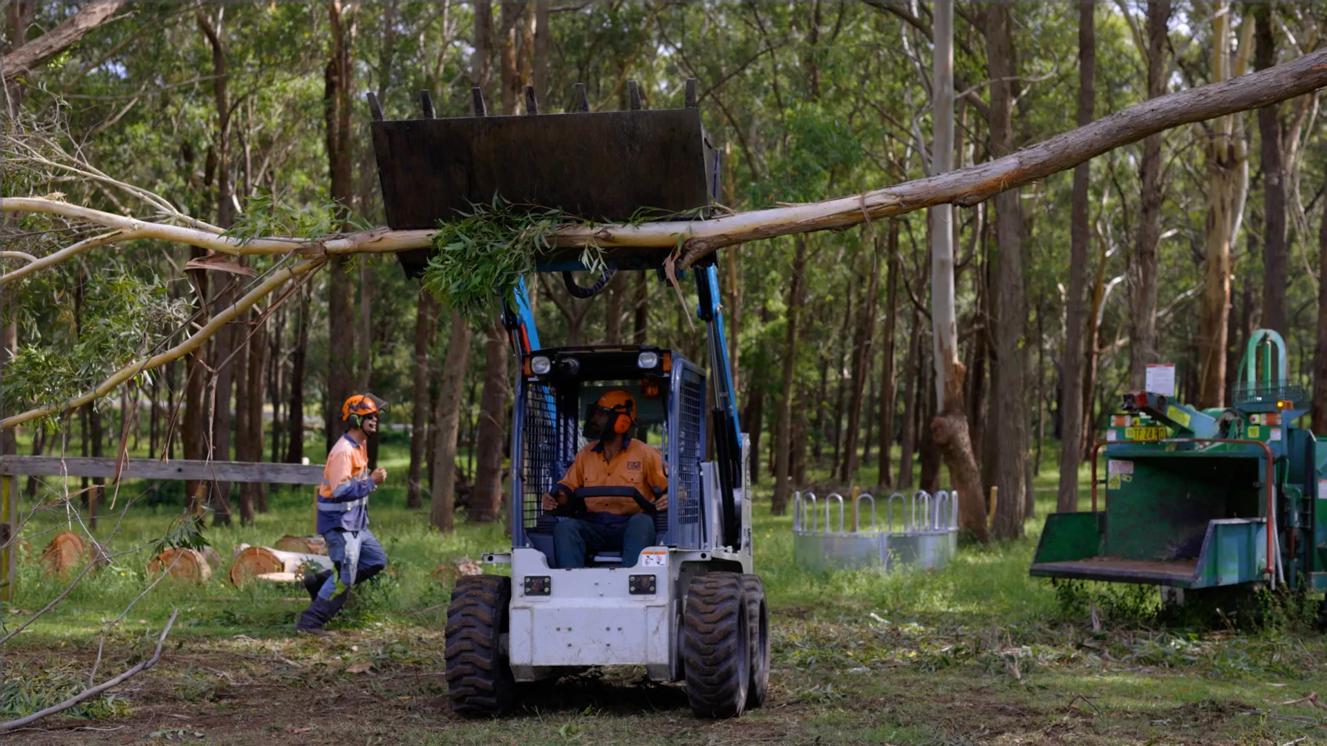 Gettin' It Done! Tree Services crew feeding logs into a chipper on a Shoalhaven job