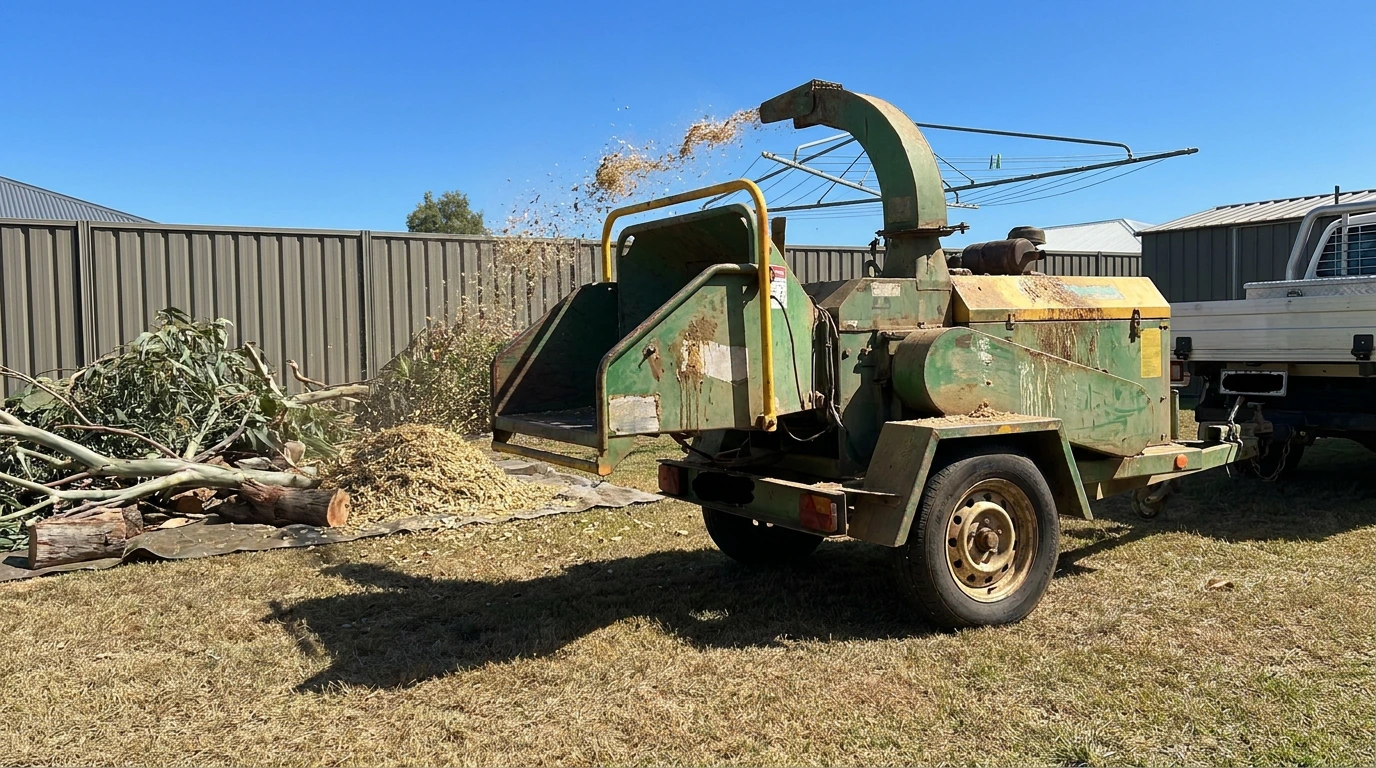 Mulcher processing tree waste into usable mulch on site